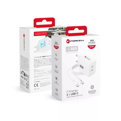 Forcell F-Energy GaN III Crystal Color VT-60 60 W-os hálózati gyorstöltő 2 USB-C porttal és USB-C–USB-C szilikonkábellel, fehér