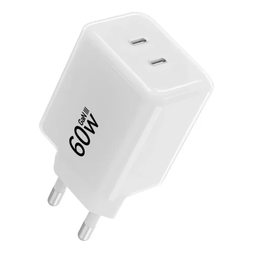 Forcell F-Energy GaN III Crystal Color VT-60 60 W-os hálózati gyorstöltő 2 USB-C porttal és USB-C–USB-C szilikonkábellel, fehér
