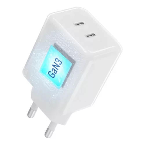 Forcell F-Energy GaN III Crystal Color VT-60 60 W-os hálózati gyorstöltő 2 USB-C porttal és USB-C–USB-C szilikonkábellel, fehér