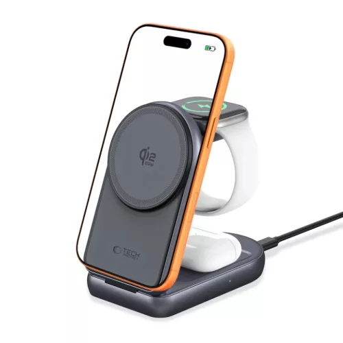Tech-Protect A53 3 az 1-ben mágneses MagSafe vezeték nélküli töltő 25 W Qi2.2, sötétszürke