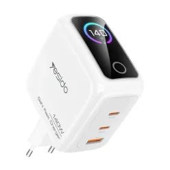   Yesido YC114 140 W-os GaN hálózati töltő TFT-kijelzővel, USB-vel és 2 Type-C csatlakozóval, fehér
