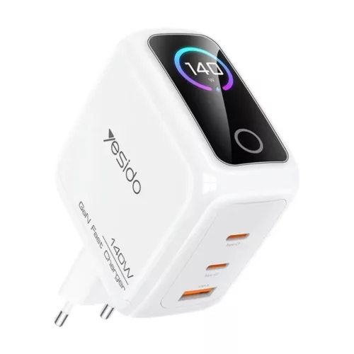 Yesido YC114 140 W-os GaN hálózati töltő TFT-kijelzővel, USB-vel és 2 Type-C csatlakozóval, fehér