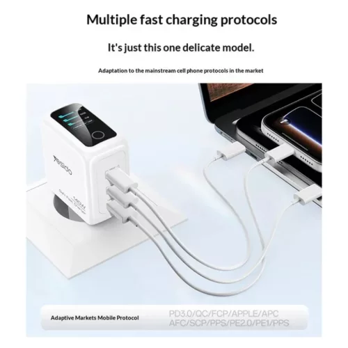 Yesido YC114 140 W-os GaN hálózati töltő TFT-kijelzővel, USB-vel és 2 Type-C csatlakozóval, fehér