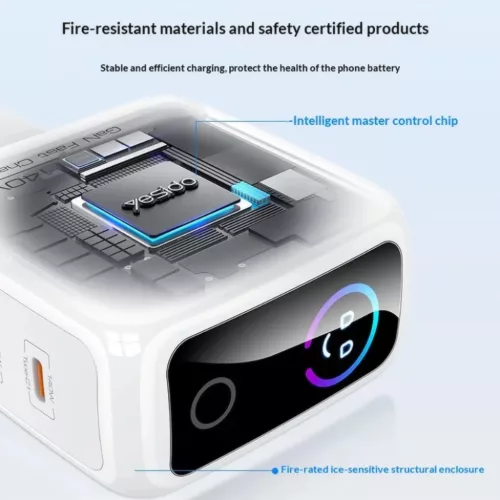 Yesido YC114 140 W-os GaN hálózati töltő TFT-kijelzővel, USB-vel és 2 Type-C csatlakozóval, fehér