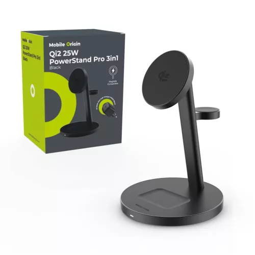 Mobile Origin Qi2 25W PowerStand Pro 3 az 1-ben töltőállvány PW40 GaN töltővel, fekete