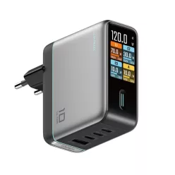   Cuktech AD1204U 120 W-os GaN hálózati töltő kijelzővel és USB-C kábellel, ezüst
