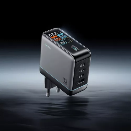 Cuktech AD1204U 120 W-os GaN hálózati töltő kijelzővel és USB-C kábellel, ezüst