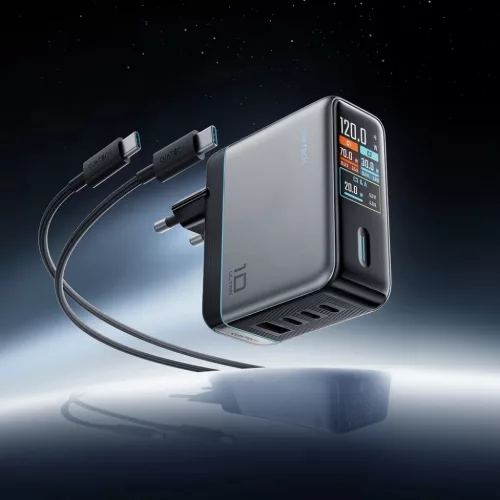 Cuktech AD1204U 120 W-os GaN hálózati töltő kijelzővel és USB-C kábellel, ezüst