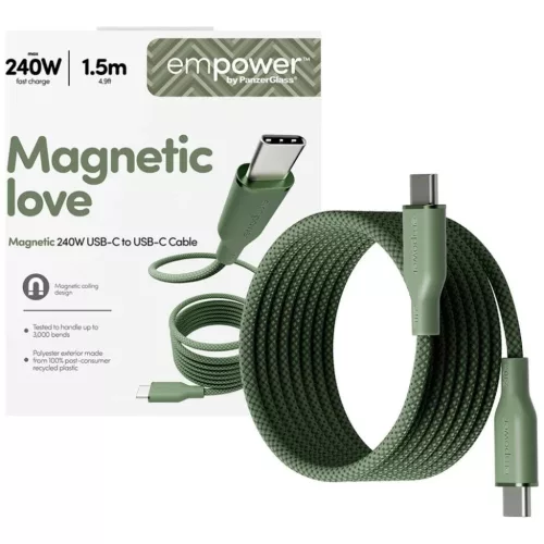 PanzerGlass Empower Racing mágneses USB-C–USB-C kábel, 240 W, 1,5 m, zöld