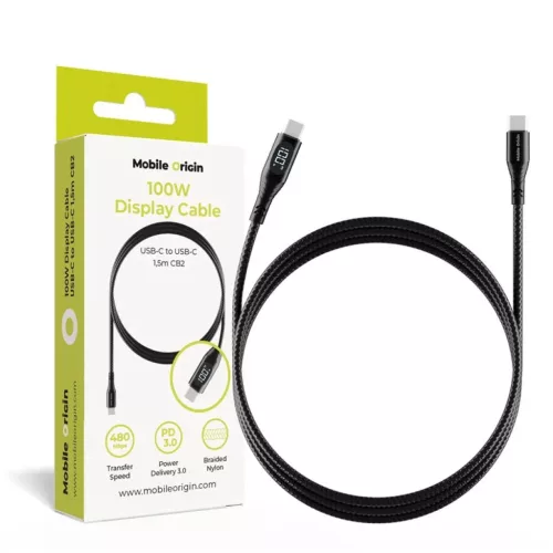 Mobile Origin CB2 USB-C–USB-C kijelzős kábel 100 W 1,5 m fekete