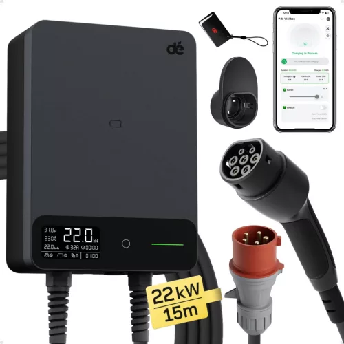 dé 22 kW-os fali töltő 15 m-es kábellel, TUYA APP Type-2