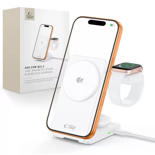 Tech-Protect A56 3 az 1-ben mágneses MagSafe vezeték nélküli töltő 25 W Qi2.2 fehér