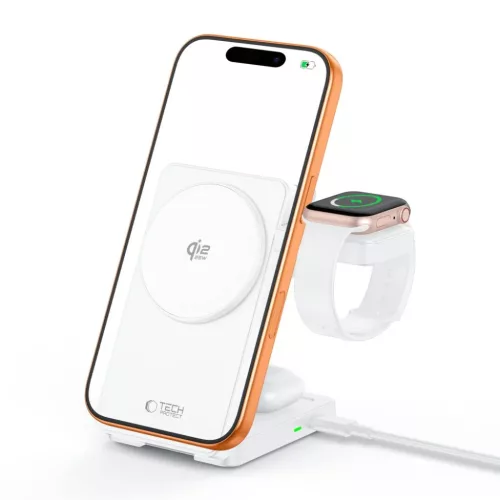 Tech-Protect A56 3 az 1-ben mágneses MagSafe vezeték nélküli töltő 25 W Qi2.2 fehér