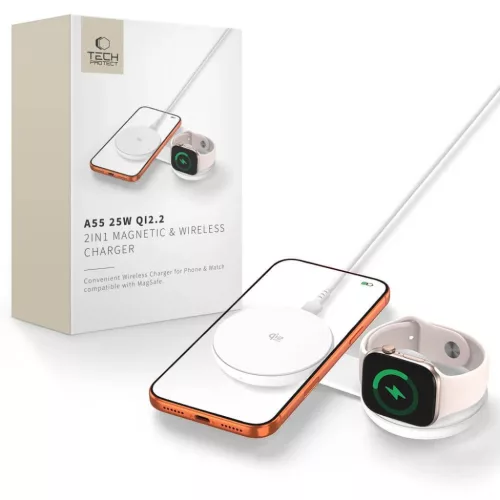 Tech-Protect A55 2 az 1-ben MagSafe Qi2.2 vezeték nélküli töltő 25 W, fehér