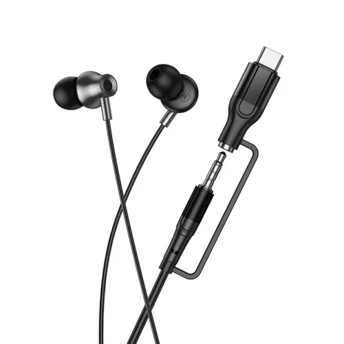 Vezetékes fülhallgató mikrofonnal, 3,5 mm-es csatlakozóval / USB-C csatlakozóval Hoco M119A fekete