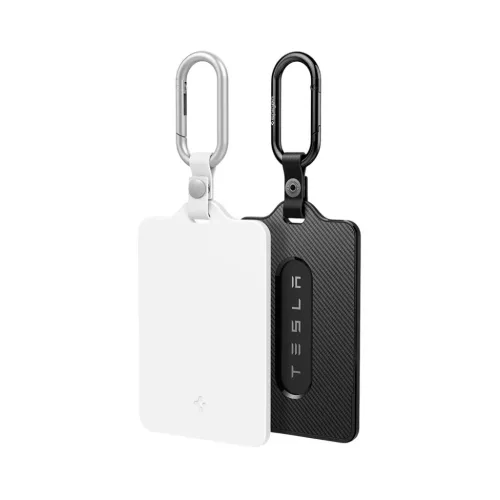 Tesla kulcskártyához fehér / fekete Spigen 2 db-os kártyatartó tok karabinerekkel és védőfóliákkal (ACP11405)