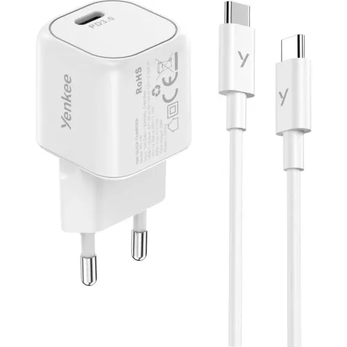 Yenkee VOLT YAC G35WH 35W GaN hálózati töltő szett USB-C/USB-C kábellel, fehér