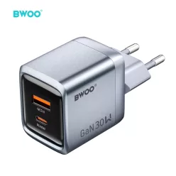   BWOO BO-CDA237 30 W-os GaN hálózati töltő USB-C és USB-A csatlakozóval, szürke
