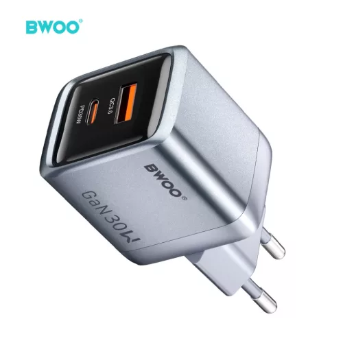 BWOO BO-CDA237 30 W-os GaN hálózati töltő USB-C és USB-A csatlakozóval, szürke