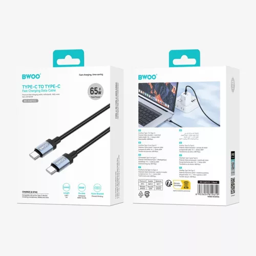 BWOO BO-X401CC fonott USB-C–USB-C kábel, 1 m, 65 W, fekete