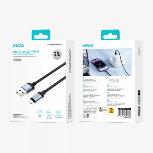 BWOO BO-X401L fonott USB-A–Lightning töltő- és adatkábel, 1 m, 3 A, fekete