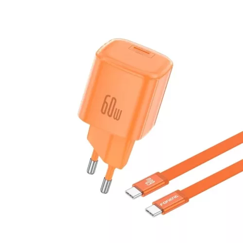FONENG MAX40-EU GaN PD 60 W-os fali töltő USB-C–USB-C kábellel, narancssárga