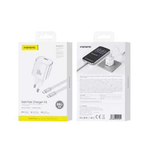 FONENG MAX40-EU GaN PD 60 W-os hálózati töltő USB-C–USB-C kábellel, fehér