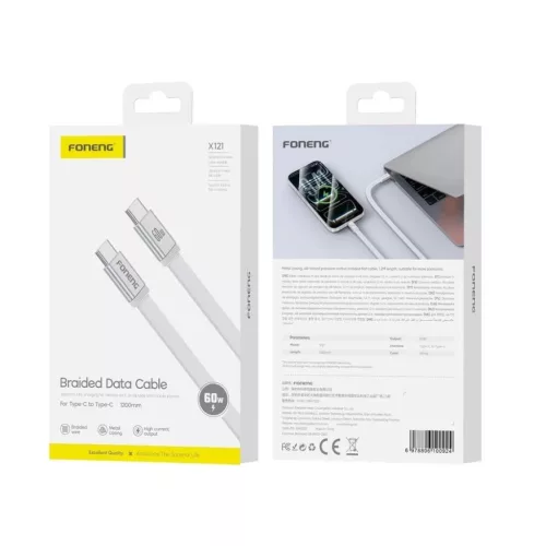 FONENG X121 USB-C–USB-C PD kábel, 60 W, 1,2 m, fehér