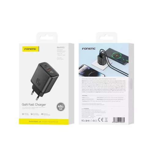 FONENG MAX20-EU kijelzős GaN hálózati töltő, 45W, PD, QC3.0, fekete