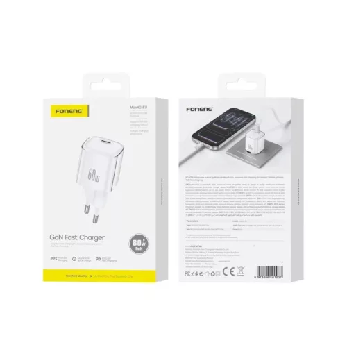 FONENG MAX40-EU GaN PD 60 W-os hálózati töltő, USB-C, fehér