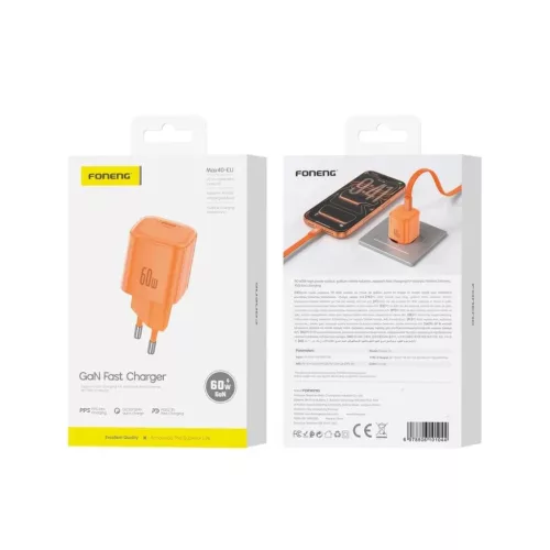 FONENG MAX40-EU GaN PD fali töltő, 60 W, 1 USB-C csatlakozó, narancssárga