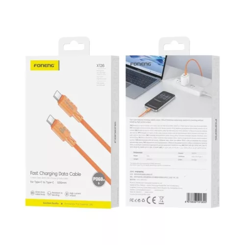FONENG X126 USB-C–USB-C kábel, PD 60 W, 1,2 m, narancssárga