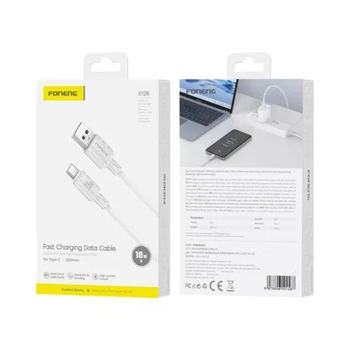 FONENG X126 USB-C kábel, 3 A, 1,2 m, fehér