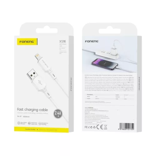 FONENG XS16 Lightning kábel, 1 m, 2,4 A, fehér