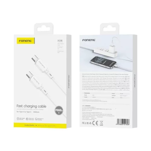 FONENG XS16 USB-C–USB-C kábel, PD 60 W, 1 m, fehér