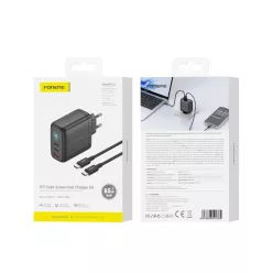   FONENG MAX60-EU GaN hálózati töltő TFT-kijelzővel, 65 W, USB-C–USB-C kábellel, fekete