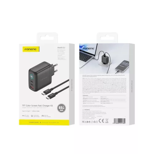 FONENG MAX60-EU GaN hálózati töltő TFT-kijelzővel, 65 W, USB-C–USB-C kábellel, fekete