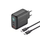 FONENG MAX60-EU GaN hálózati töltő TFT-kijelzővel, 65 W, USB-C–USB-C kábellel, fekete