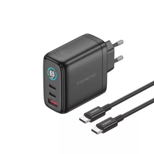 FONENG MAX60-EU GaN hálózati töltő TFT-kijelzővel, 65 W, USB-C–USB-C kábellel, fekete