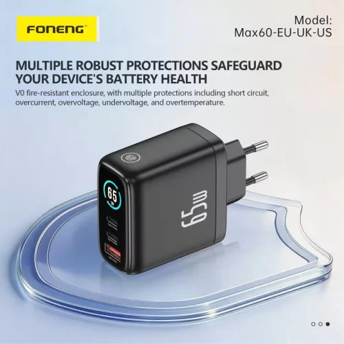 FONENG MAX60-EU GaN hálózati töltő TFT-kijelzővel, 65 W, USB-C–USB-C kábellel, fekete