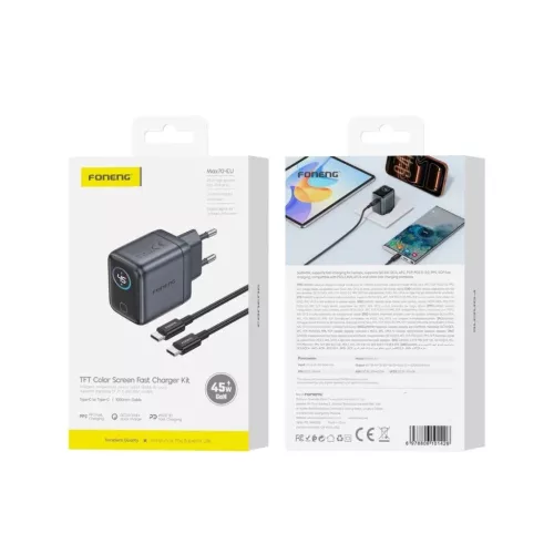 FONENG MAX70-EU GaN PD 45 W-os hálózati töltő TFT-kijelzővel és USB-C–USB-C kábellel, fekete
