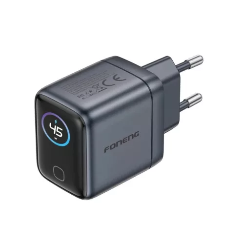 FONENG MAX70-EU GaN PD 45 W-os hálózati töltő TFT-kijelzővel és USB-C–USB-C kábellel, fekete