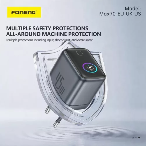FONENG MAX70-EU GaN PD 45 W-os hálózati töltő TFT-kijelzővel és USB-C–USB-C kábellel, fekete