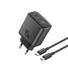 FONENG MAX20-EU kijelzős GaN hálózati töltő, 45 W, fekete, USB-C–USB-C kábellel
