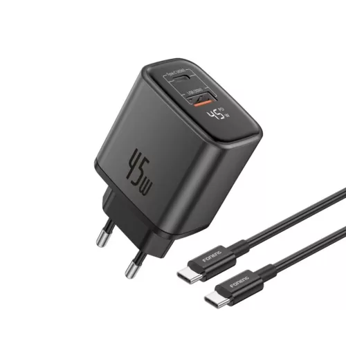 FONENG MAX20-EU kijelzős GaN hálózati töltő, 45 W, fekete, USB-C–USB-C kábellel