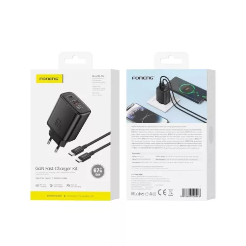 FONENG MAX30-EU kijelzős GaN PD hálózati töltő, 67 W, USB-C–USB-C kábellel, fekete