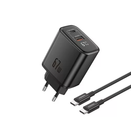 FONENG MAX30-EU kijelzős GaN PD hálózati töltő, 67 W, USB-C–USB-C kábellel, fekete