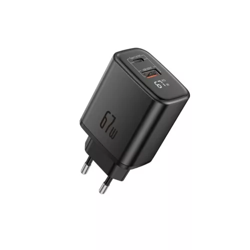 FONENG MAX30-EU kijelzős GaN PD hálózati töltő, 67 W, USB-C–USB-C kábellel, fekete