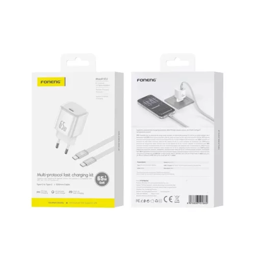 FONENG MAX41-EU 65 W-os GaN PD fali töltő USB-C–USB-C kábellel, fehér