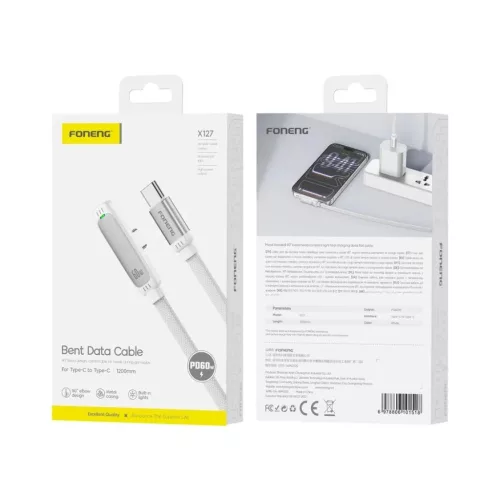 FONENG X127 USB-C–USB-C kábel, 90°-os csatlakozóval, PD 60 W, 1,2 m, fehér